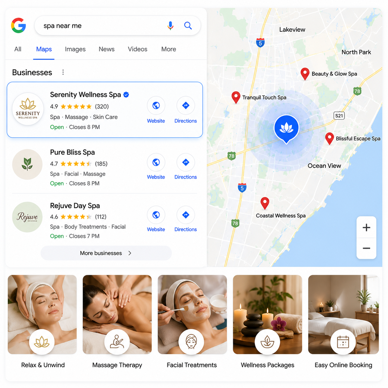 Spa ranked #1 in Google Maps local pack for massage and spa services